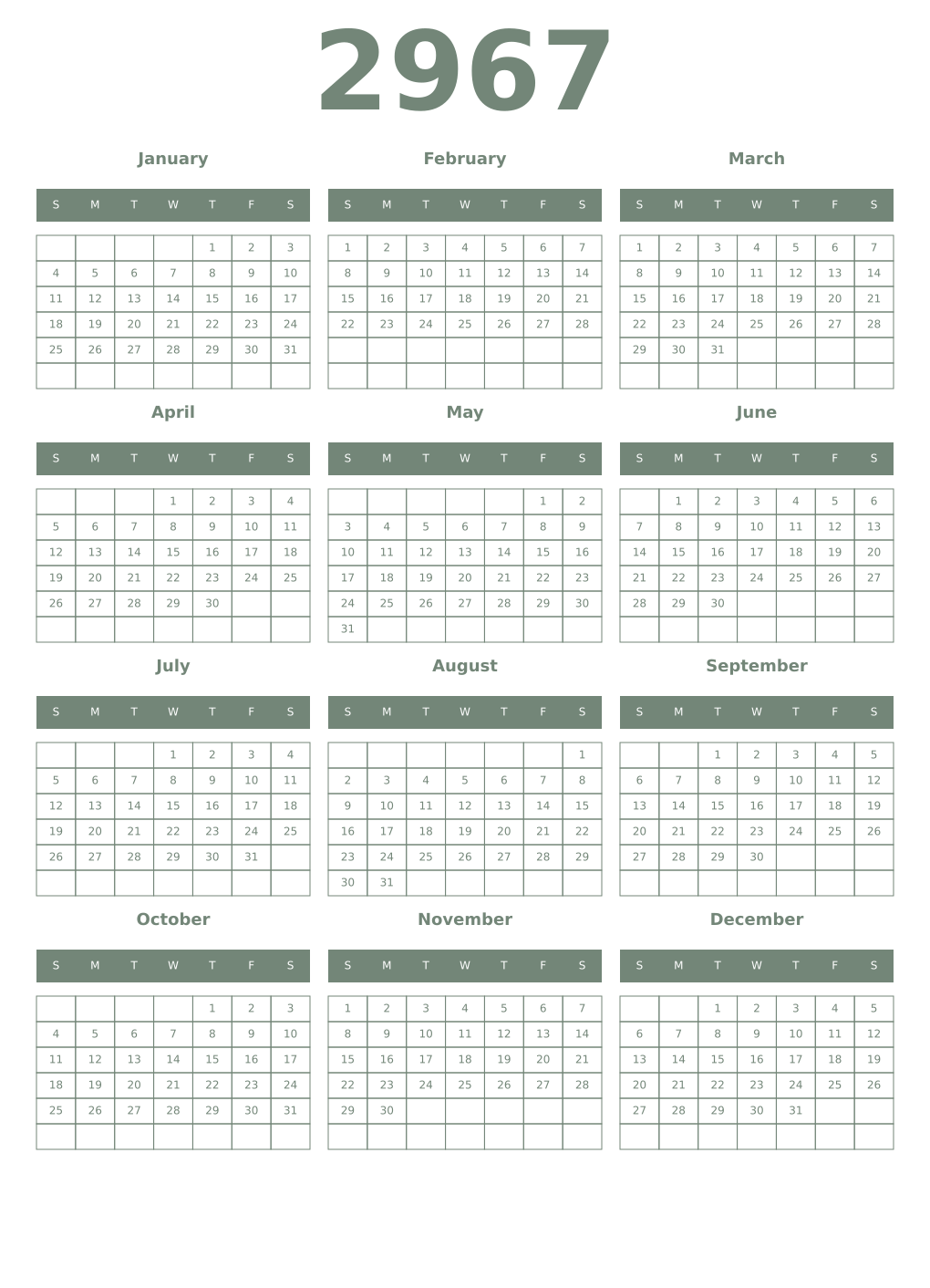 Printable 2967 Year Calendars xanadu