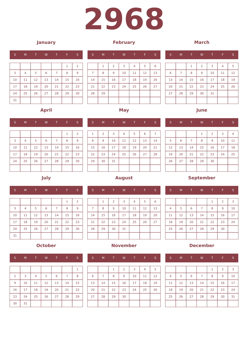 Printable 2968 Year Calendars cordovan