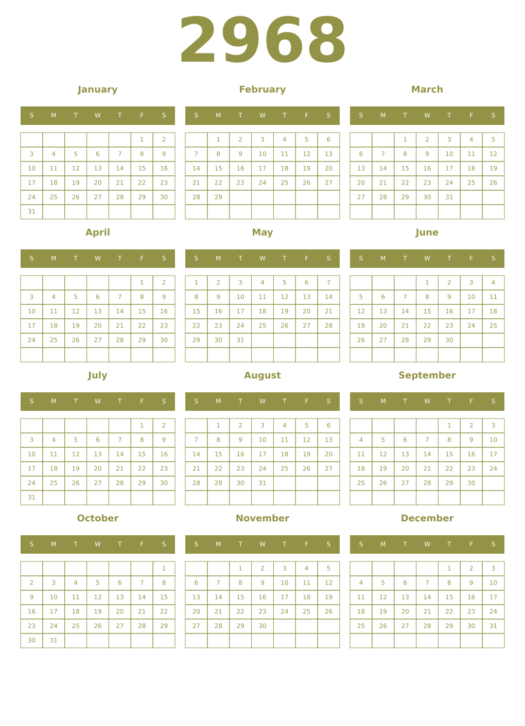 Printable 2968 Year Calendars eburnean