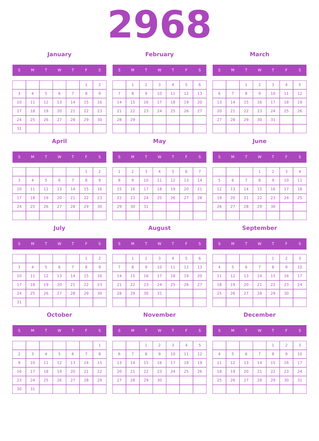 Printable 2968 Year Calendars purple