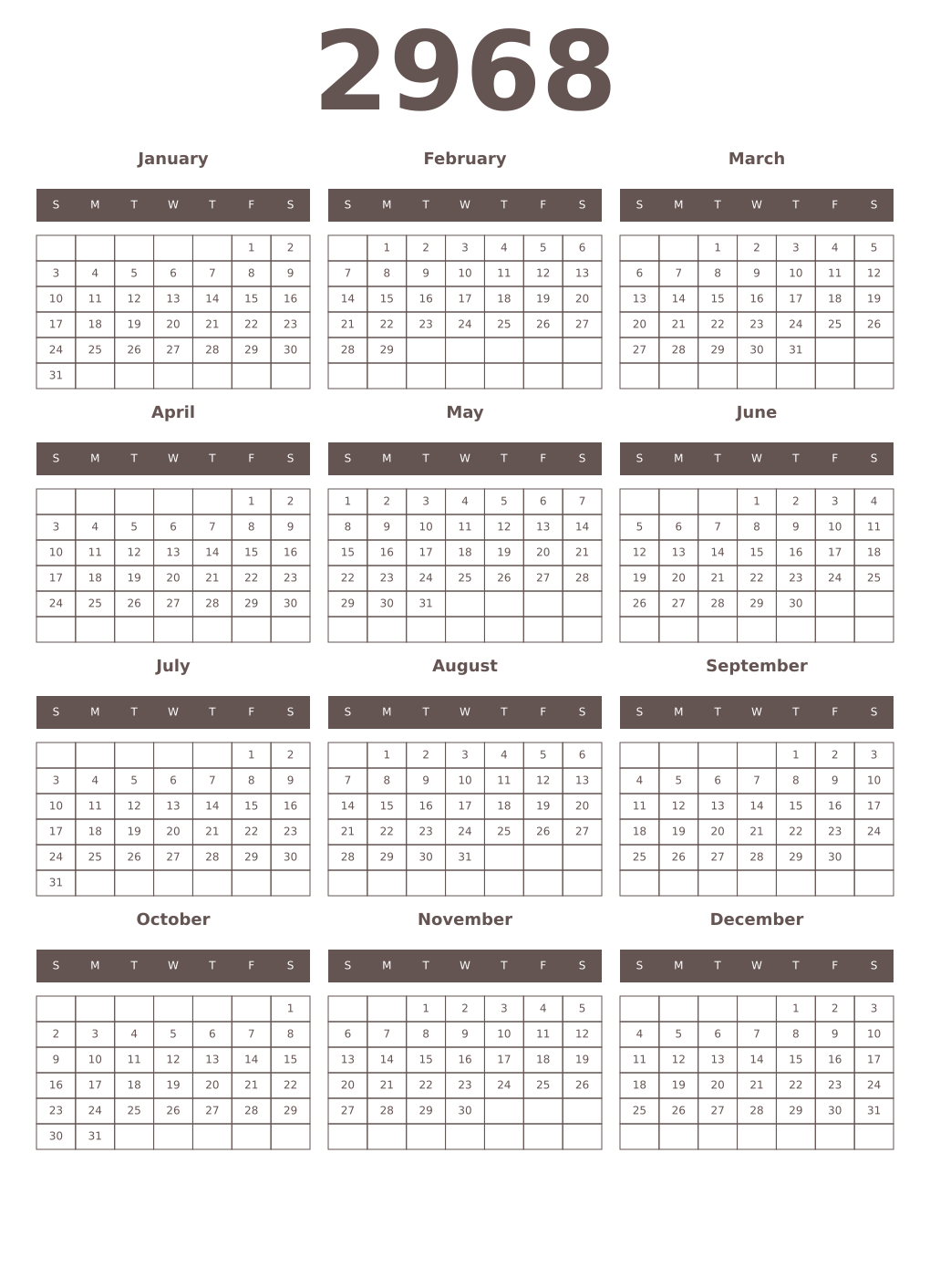 Printable 2968 Year Calendars wenge
