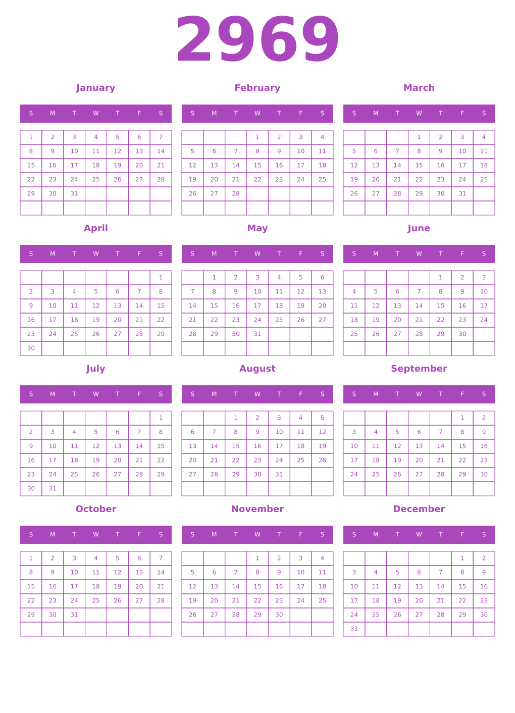 Printable 2969 Year Calendars purple