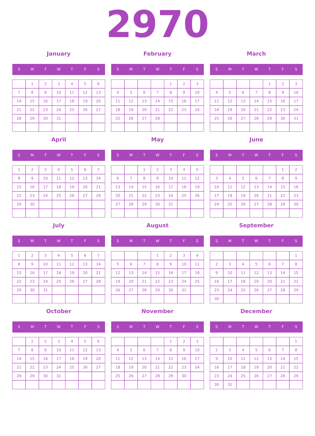 Printable 2970 Year Calendars purple