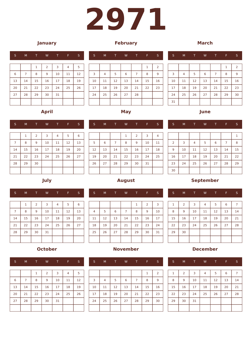 Printable 2971 Year Calendars mortuum