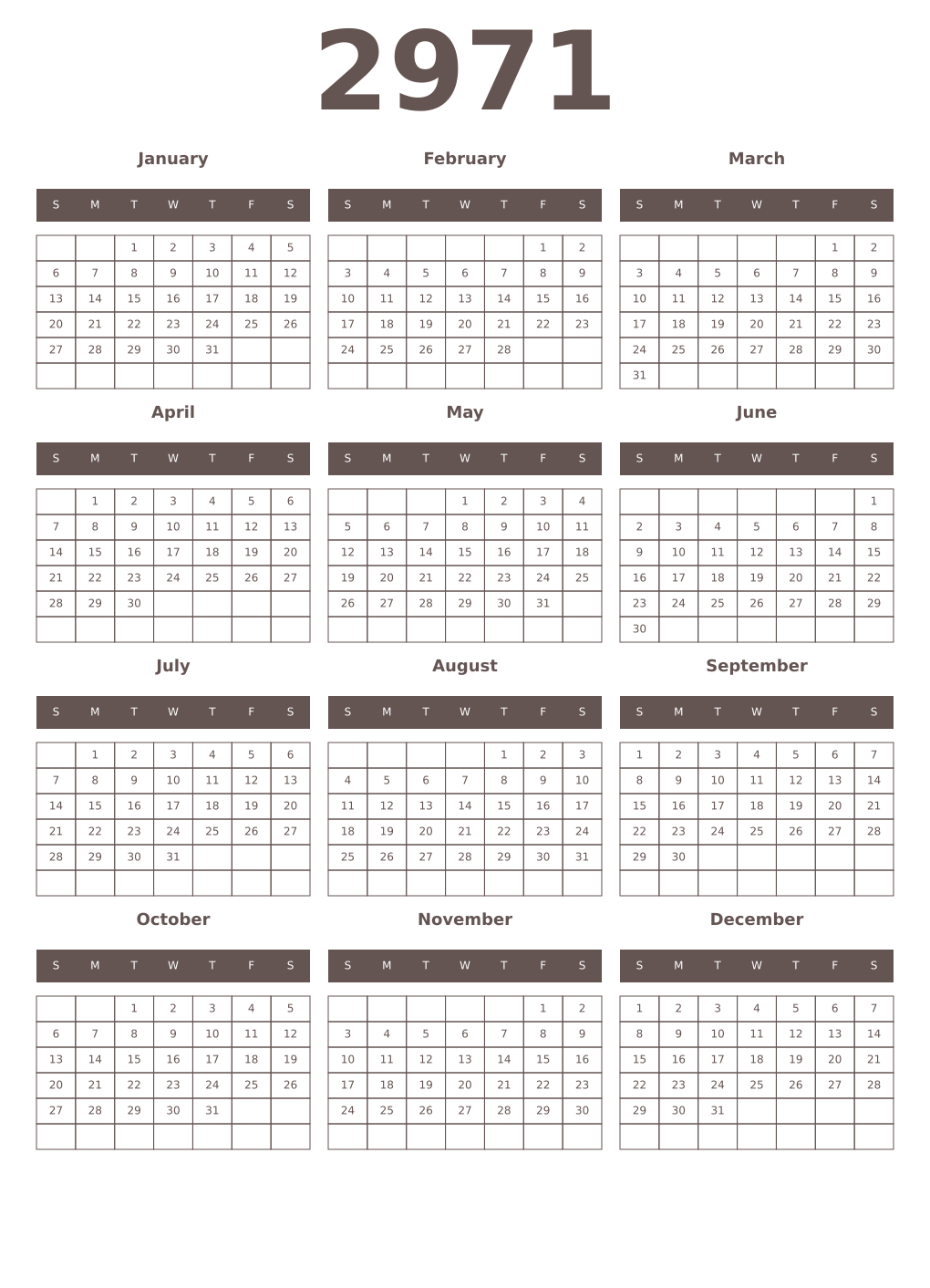Printable 2971 Year Calendars wenge