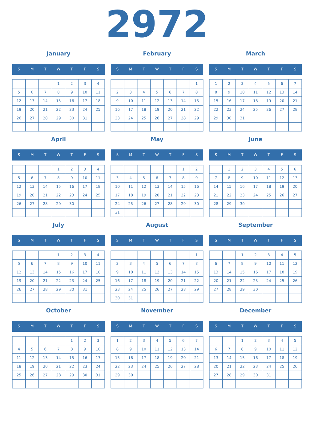 Printable 2972 Year Calendars blue