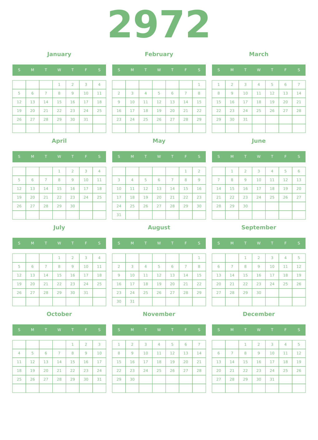 Printable 2972 Year Calendars celadon