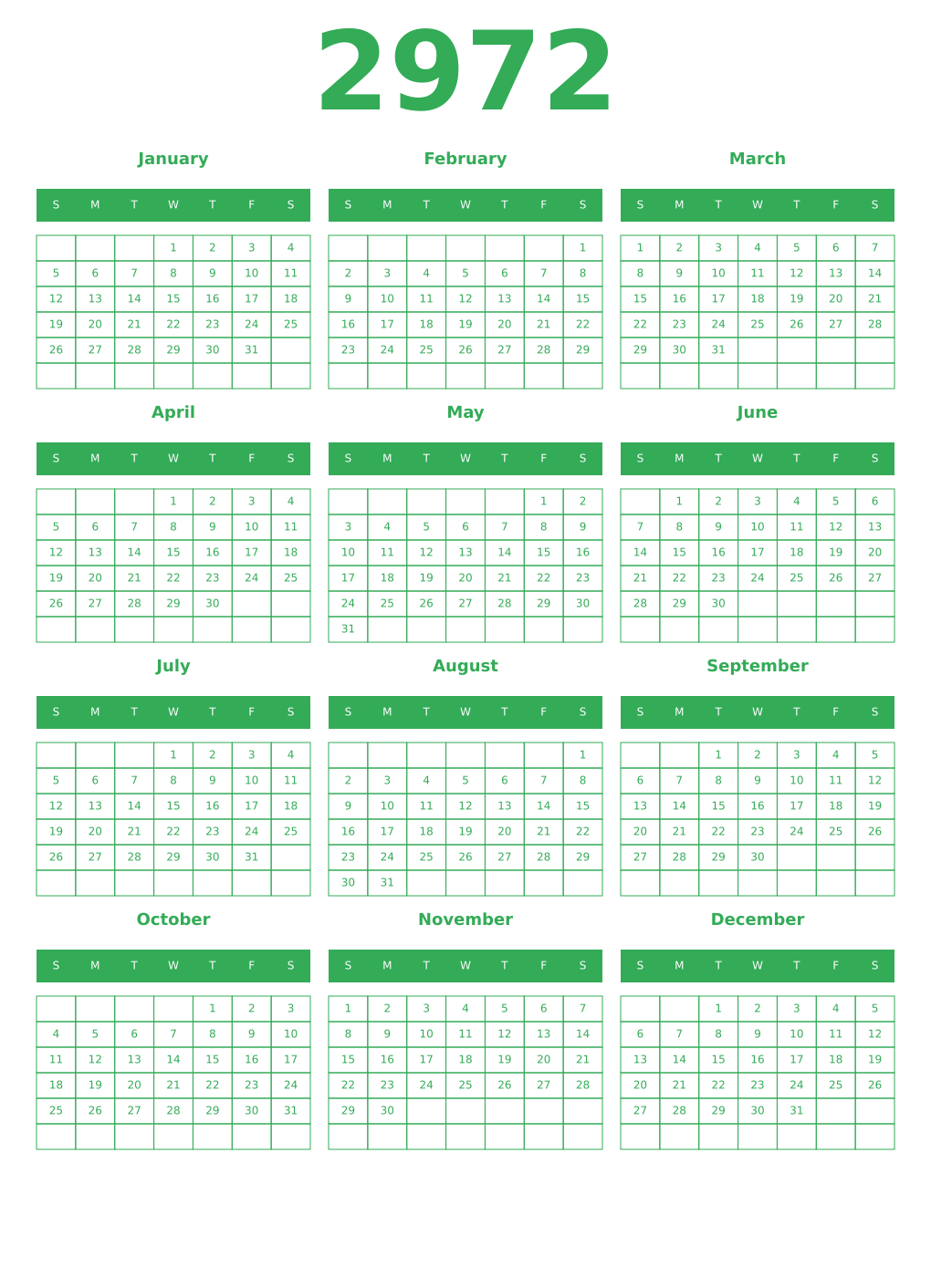 Printable 2972 Year Calendars green