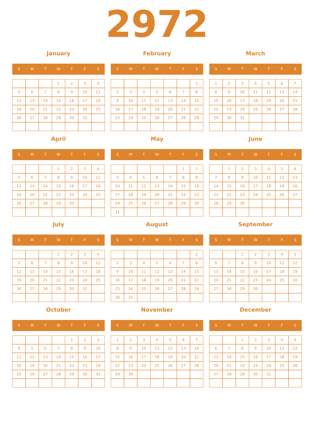 Printable 2972 Year Calendars orange