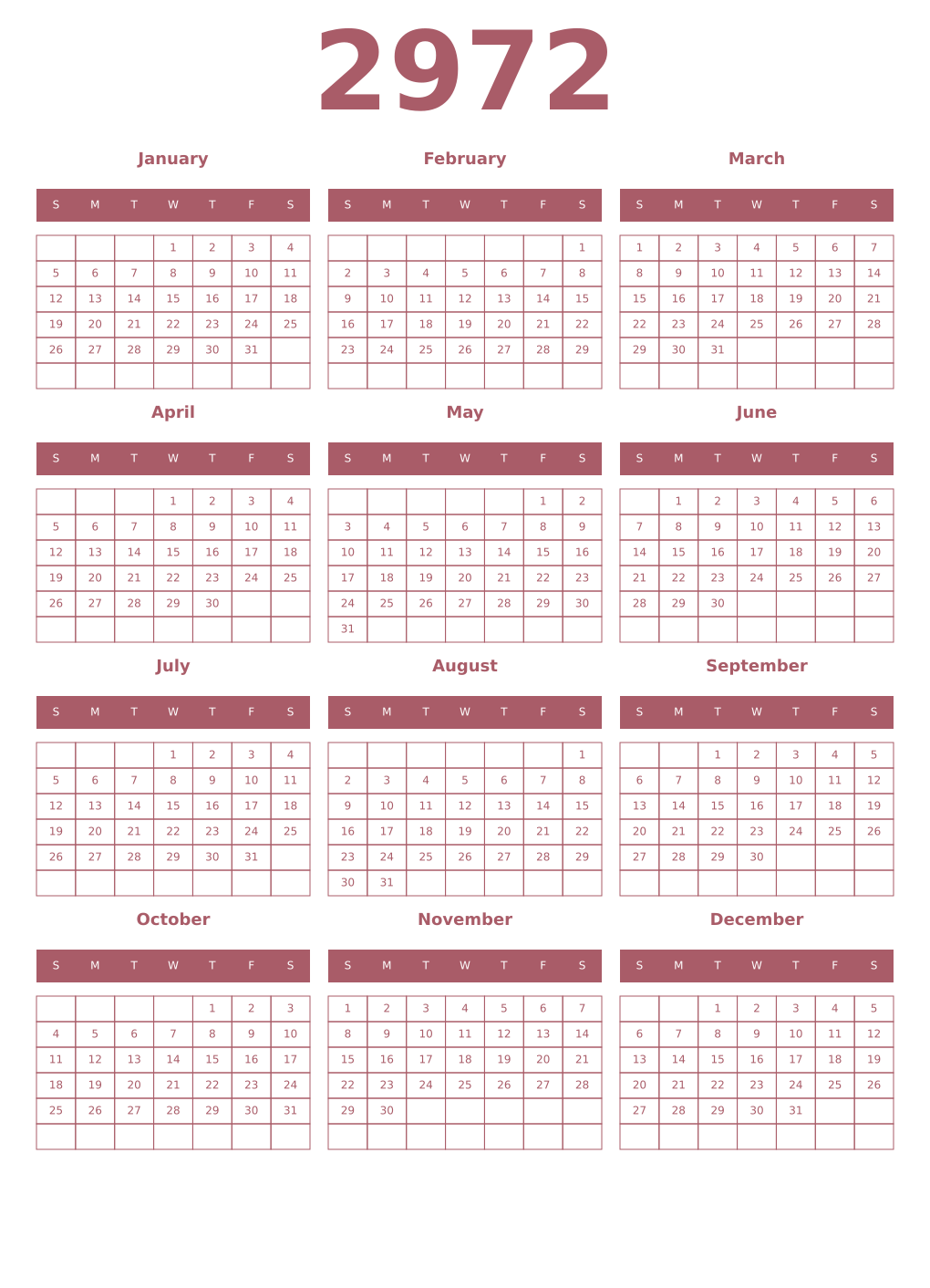 Printable 2972 Year Calendars puce