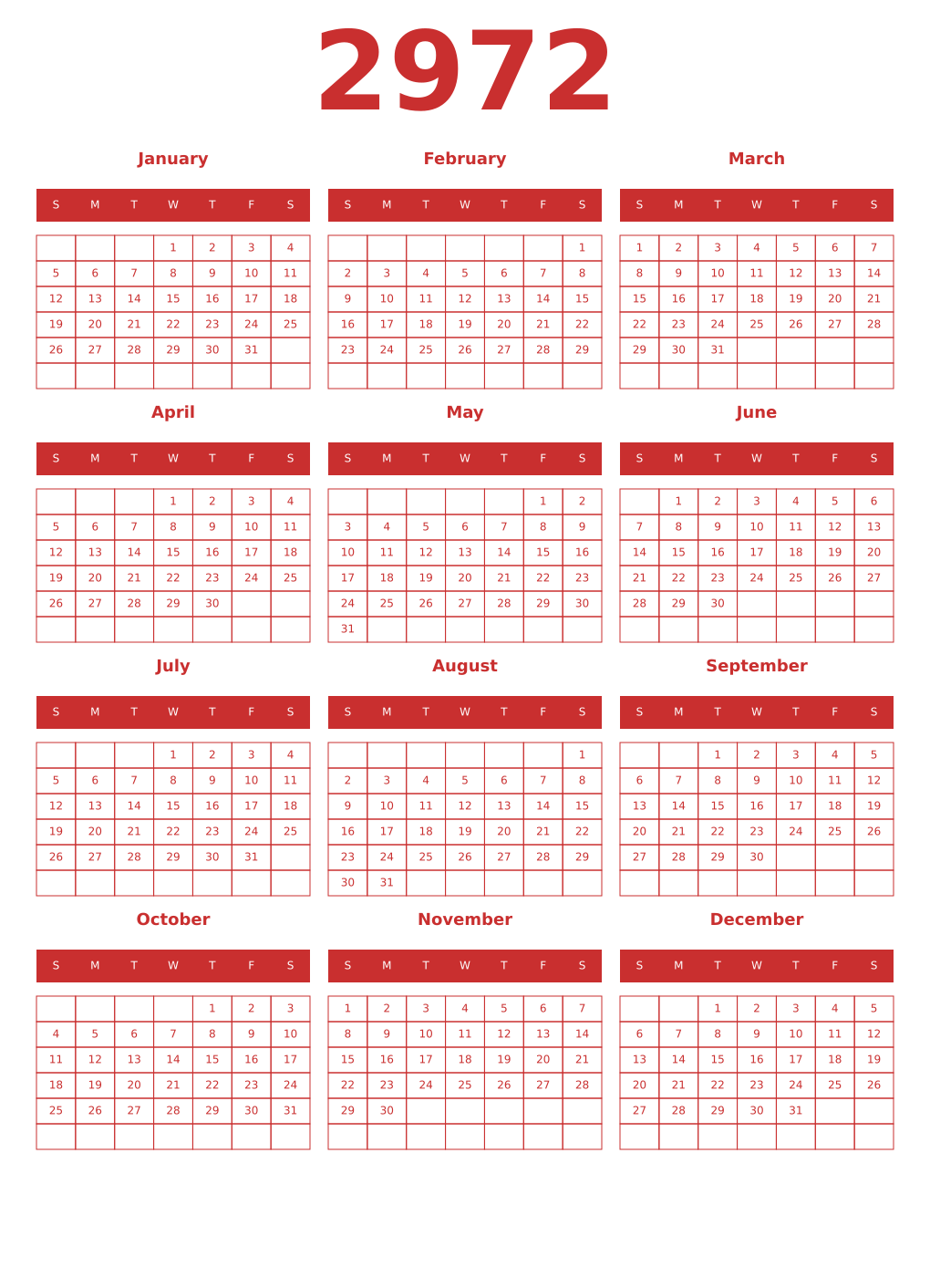 Printable 2972 Year Calendars red