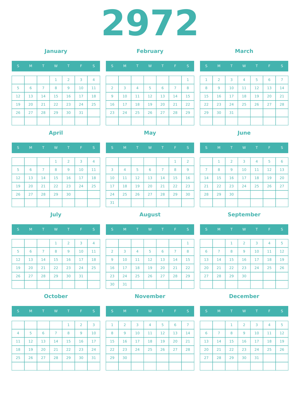 Printable 2972 Year Calendars verdigris
