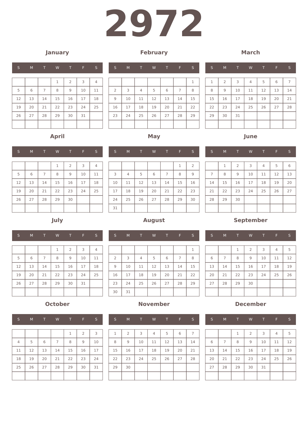 Printable 2972 Year Calendars wenge