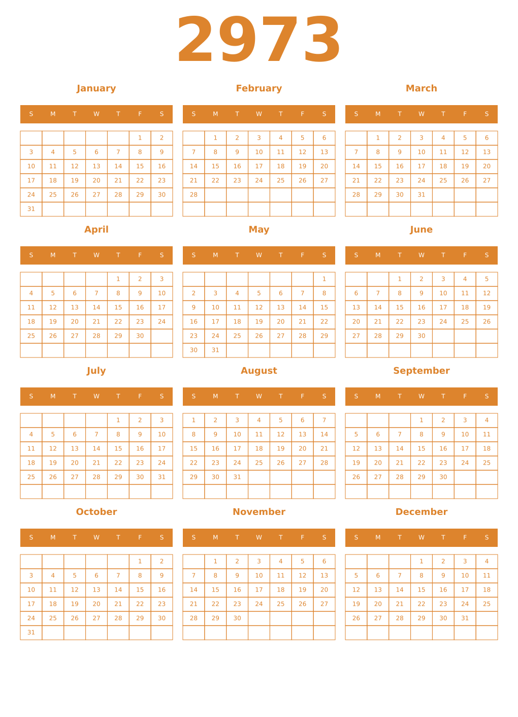 Printable 2973 Year Calendars orange