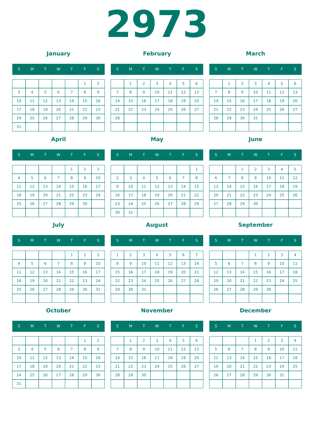 Printable 2973 Year Calendars pastel