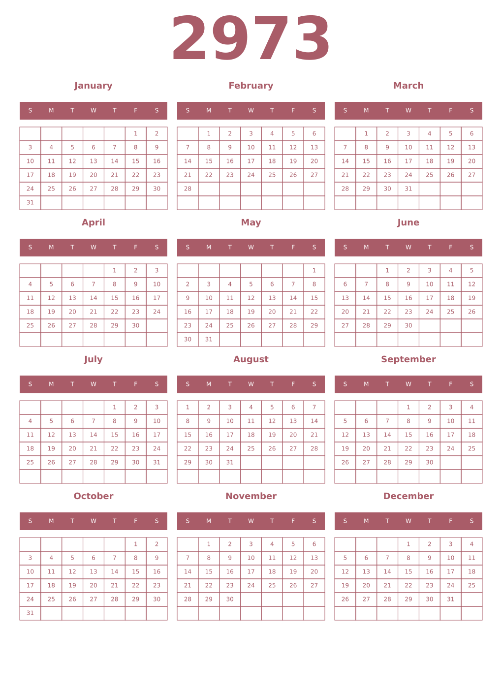 Printable 2973 Year Calendars puce
