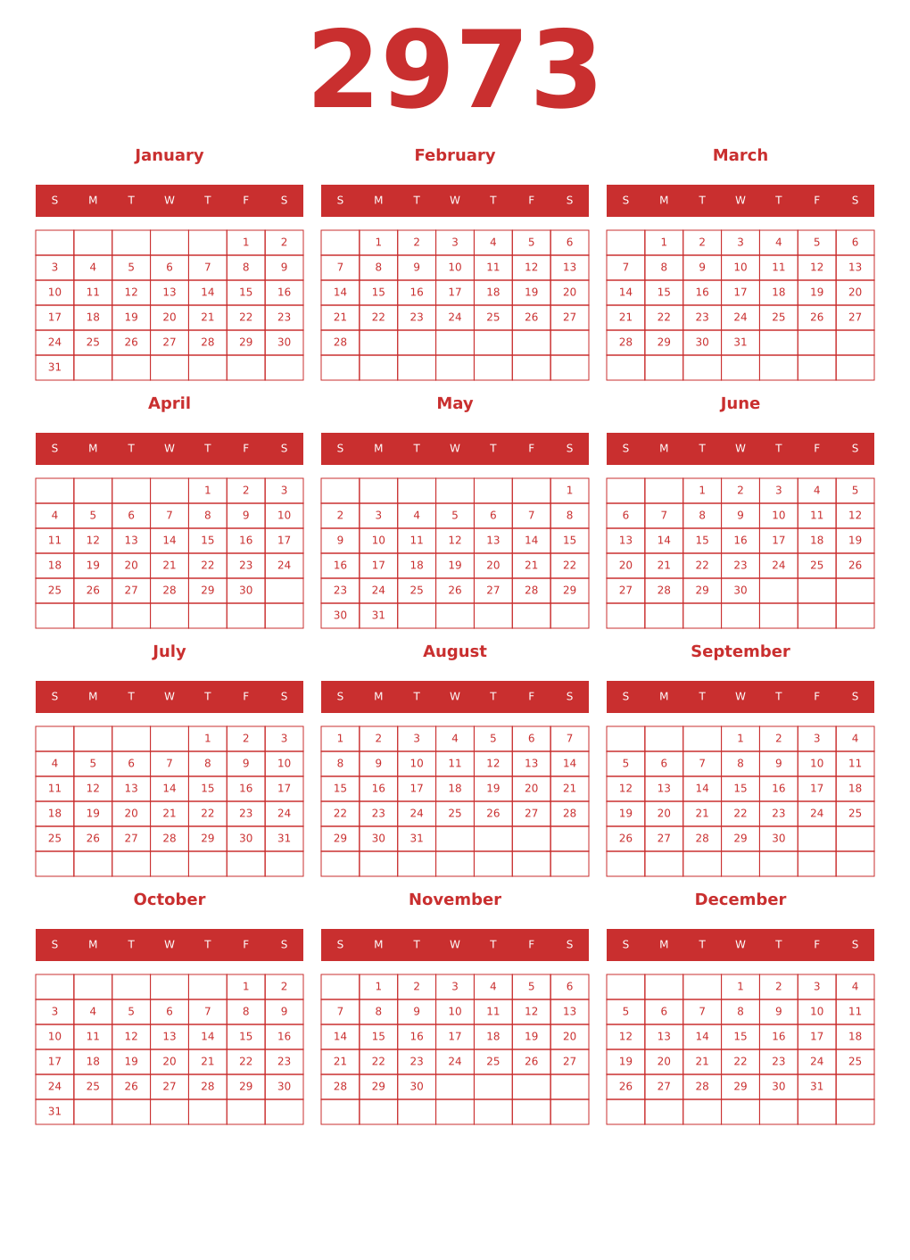 Printable 2973 Year Calendars red