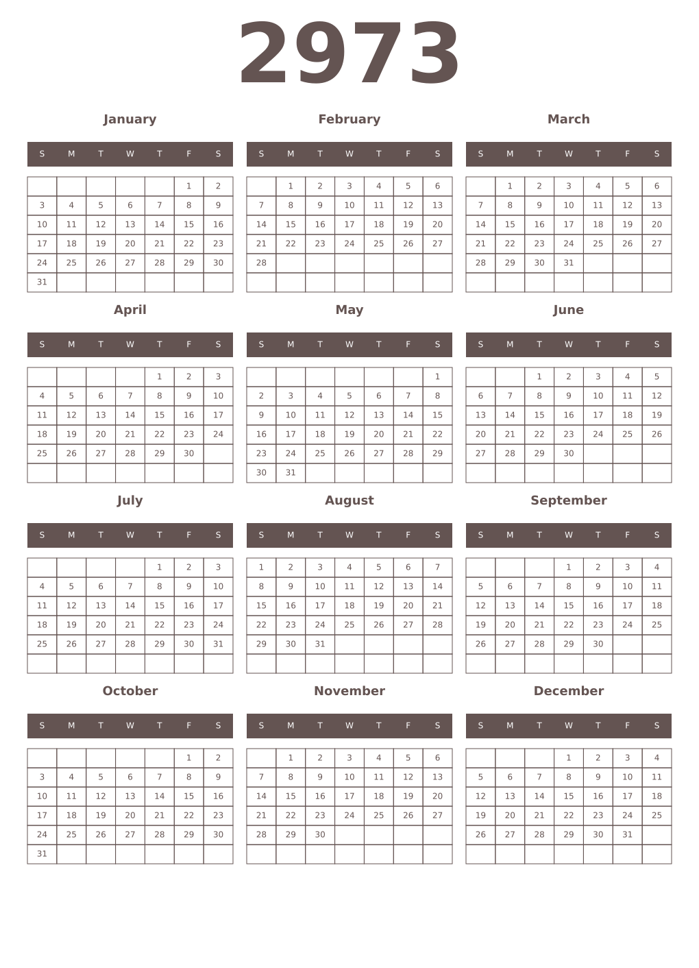 Printable 2973 Year Calendars wenge