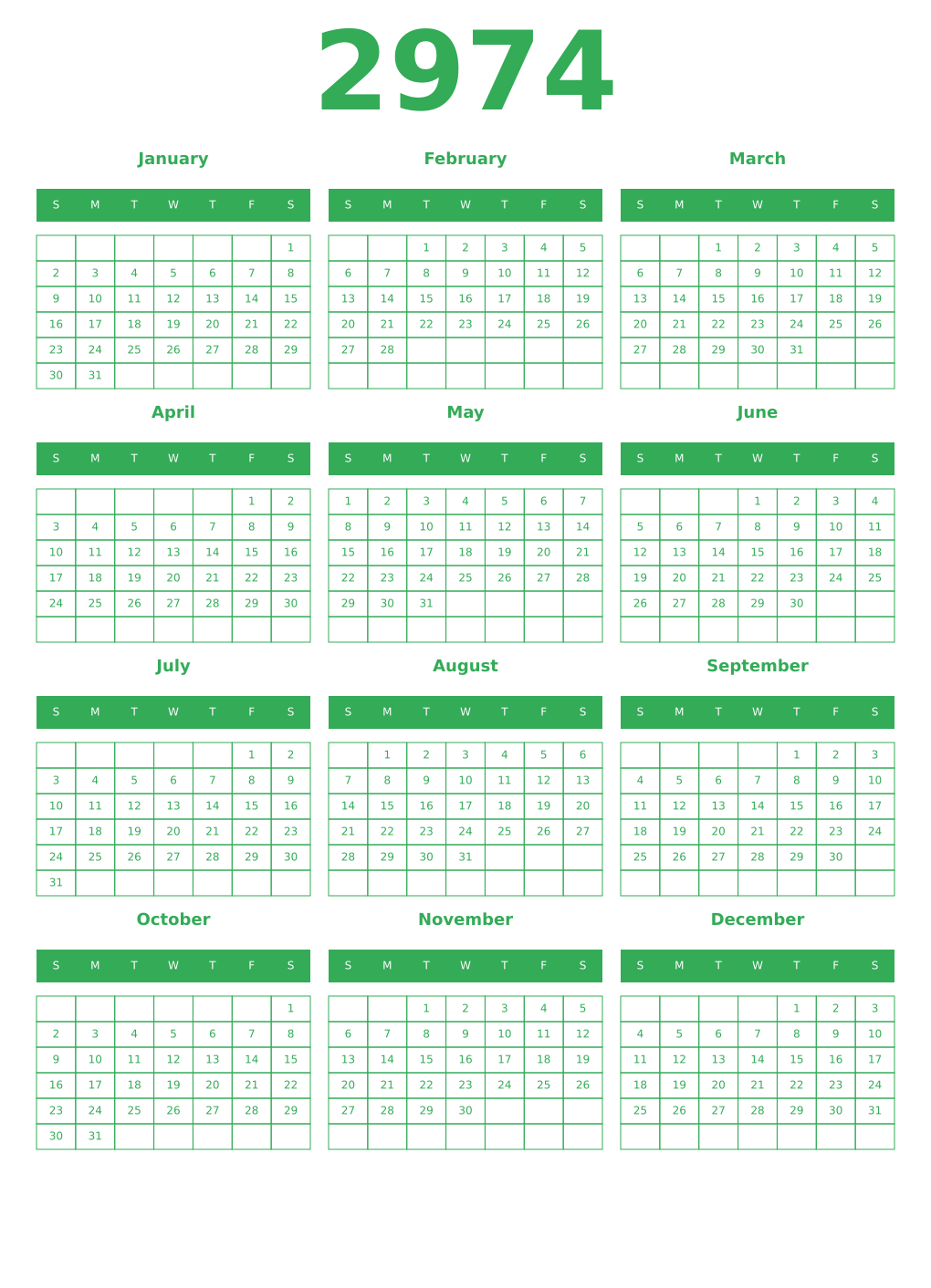 Printable 2974 Year Calendars green