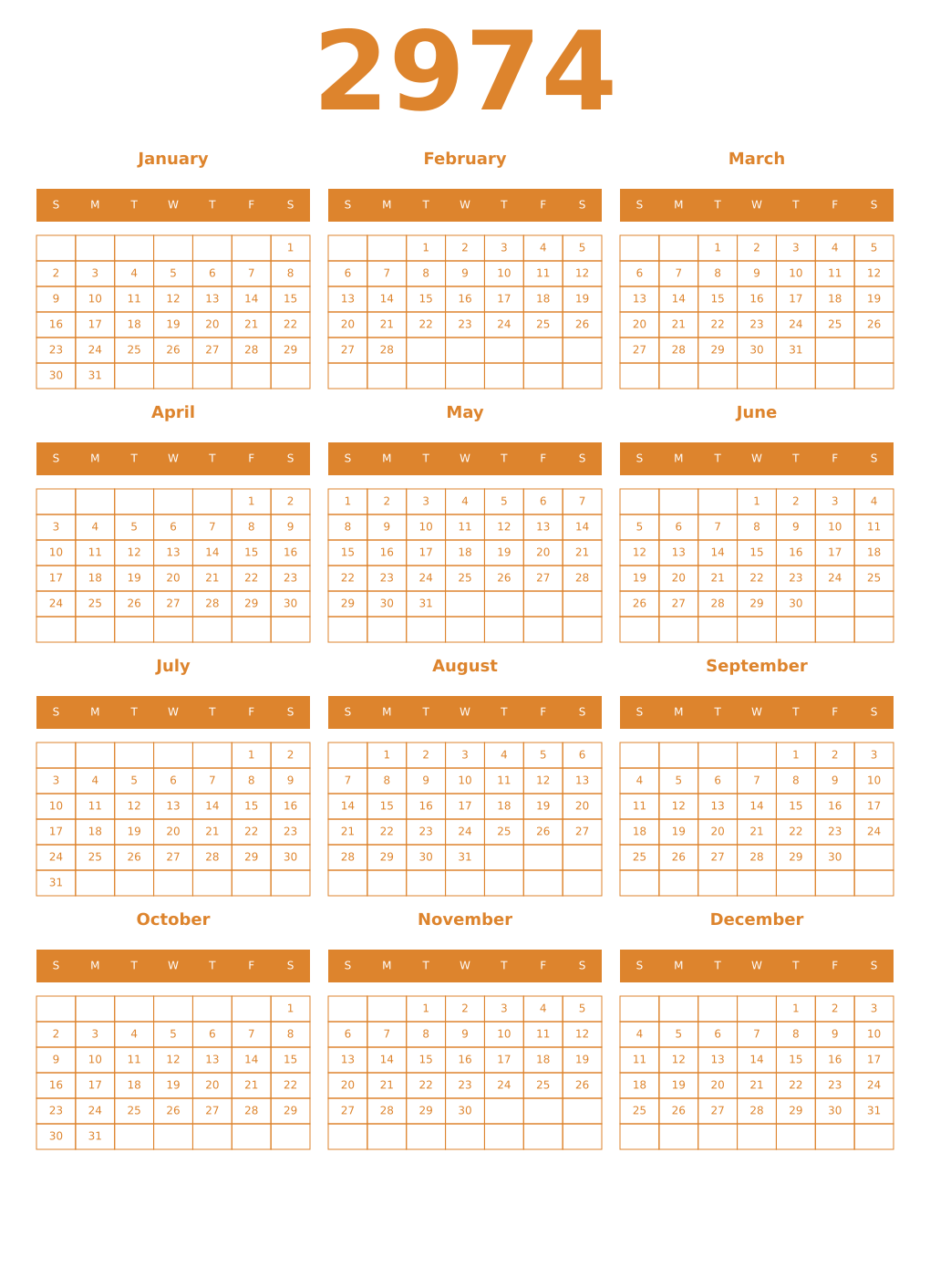 Printable 2974 Year Calendars orange