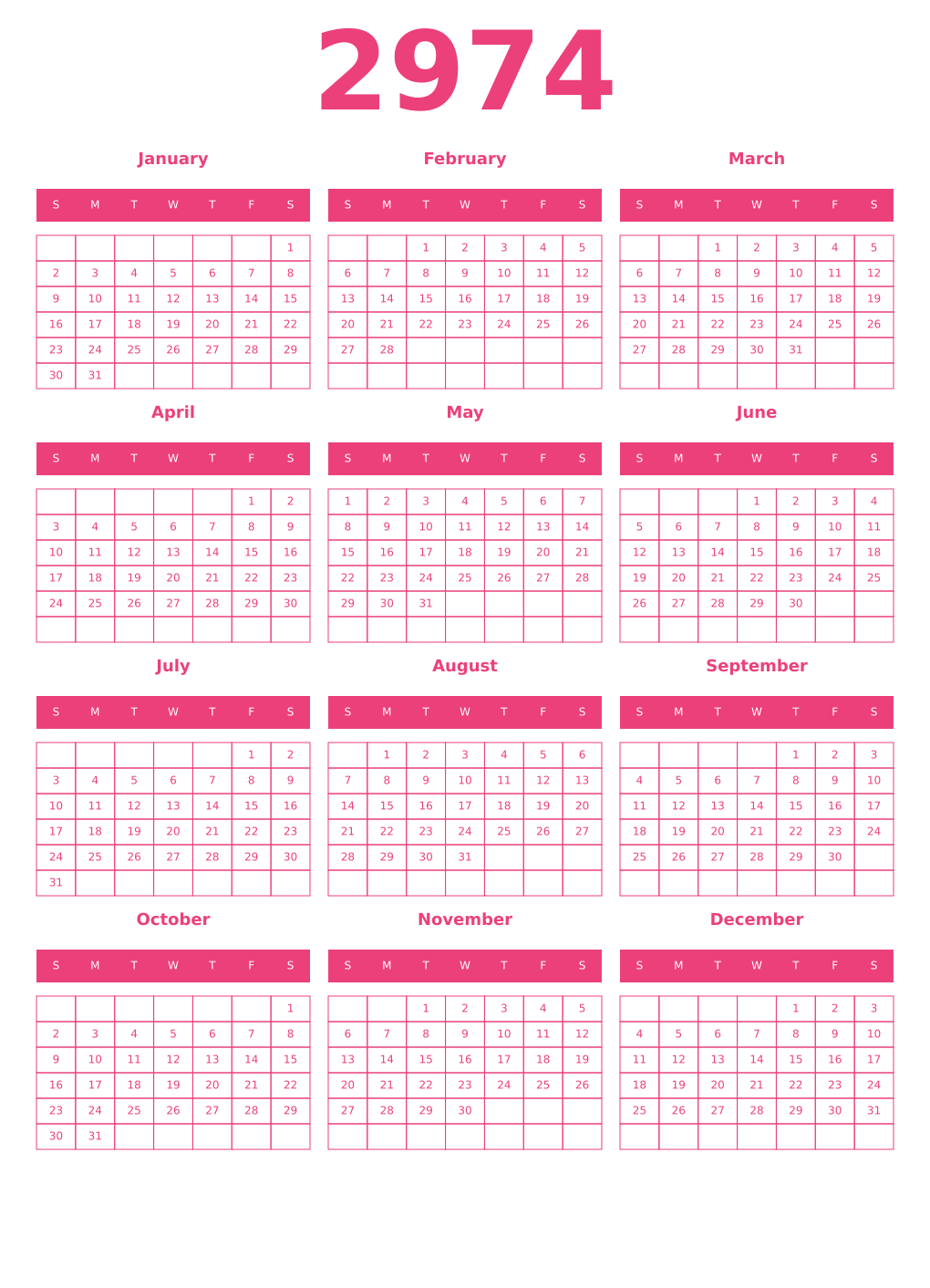 Printable 2974 Year Calendars pink