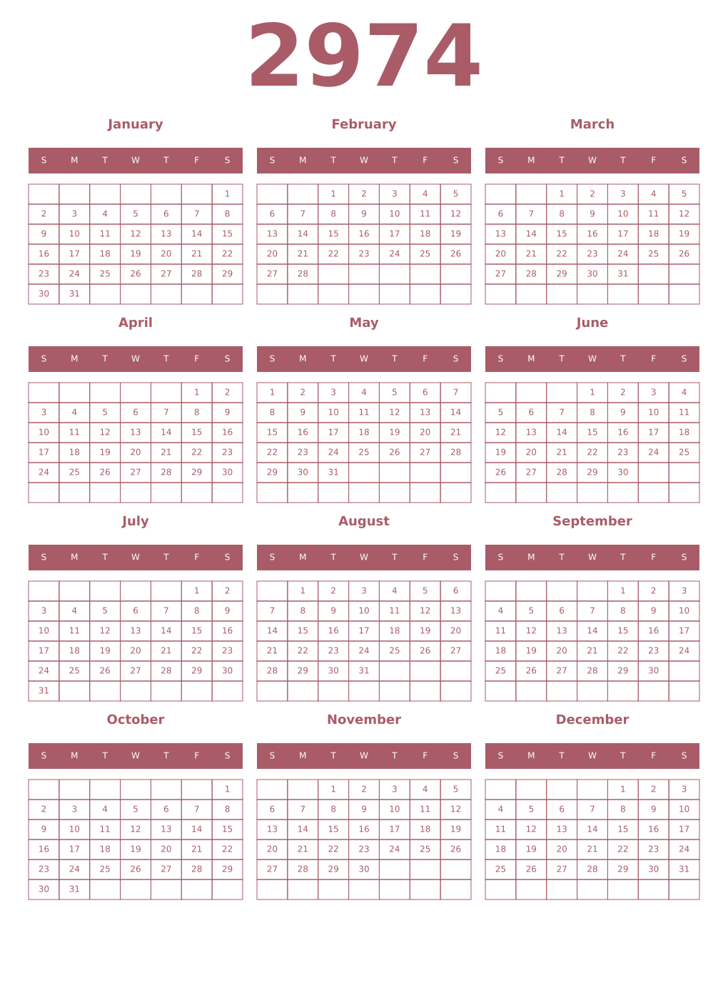 Printable 2974 Year Calendars puce