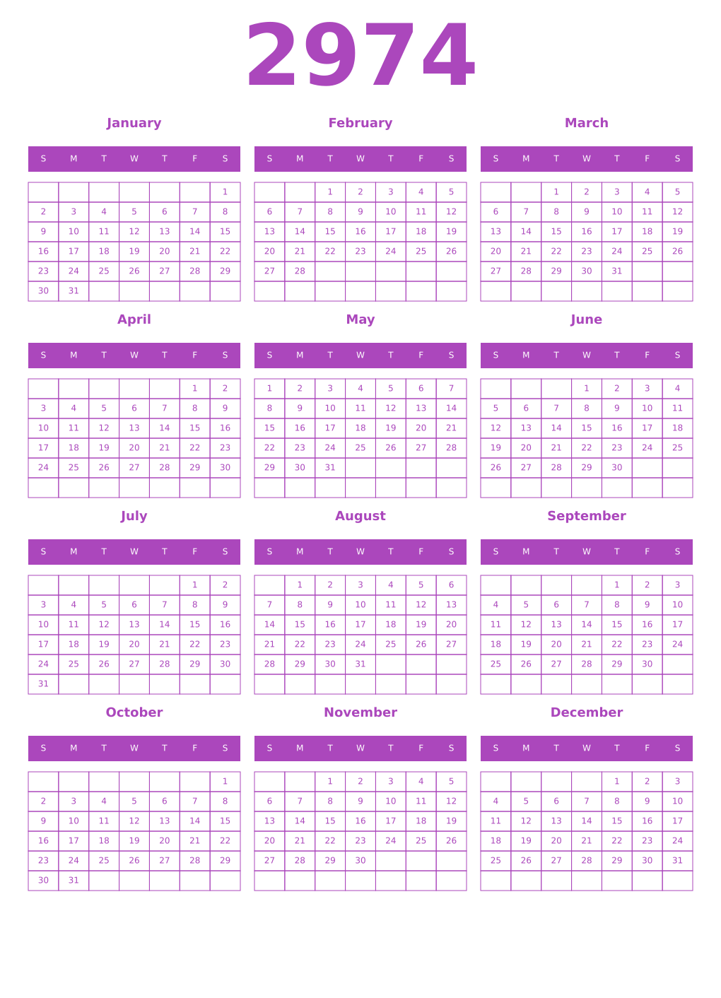 Printable 2974 Year Calendars purple
