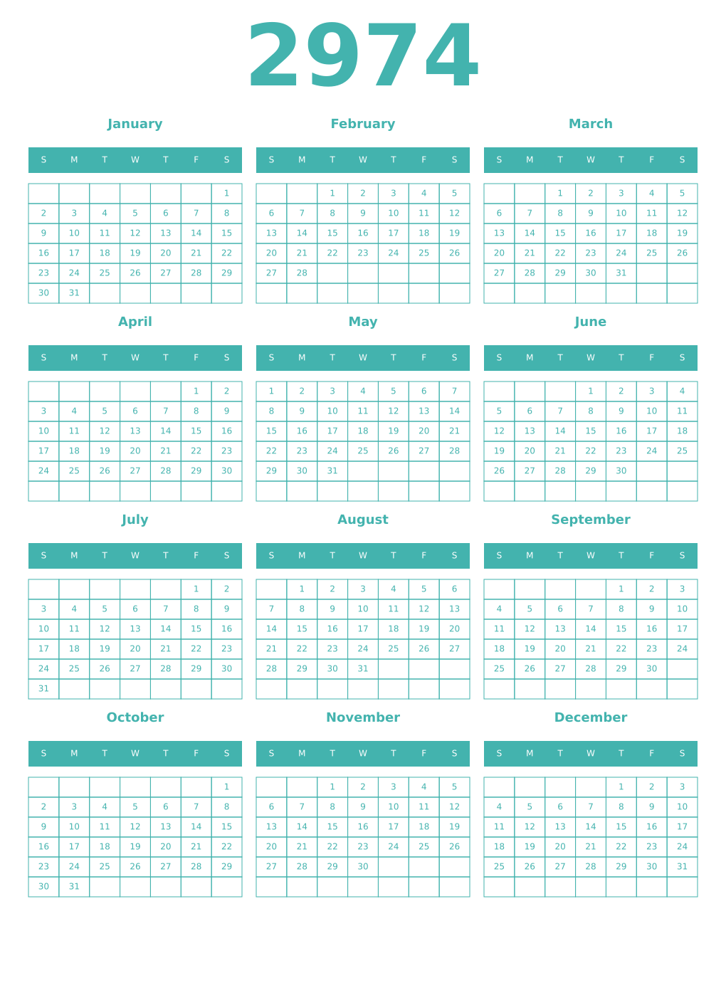 Printable 2974 Year Calendars verdigris