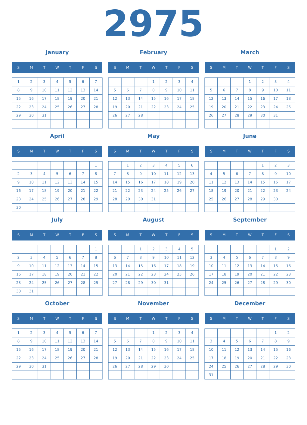 Printable 2975 Year Calendars blue