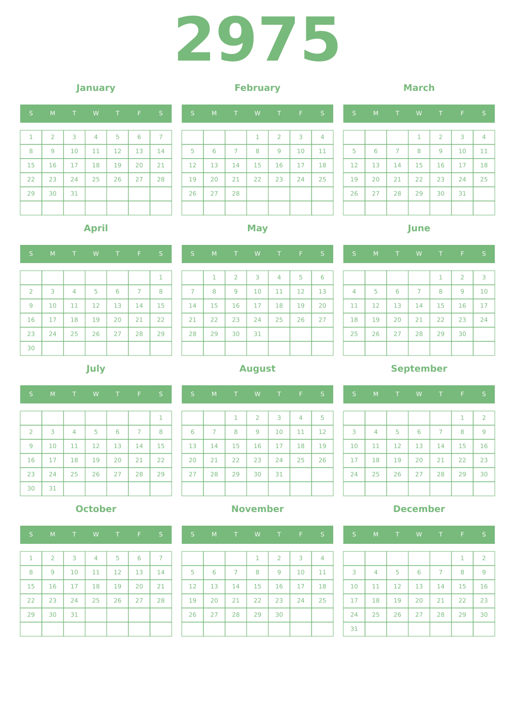 Printable 2975 Year Calendars celadon