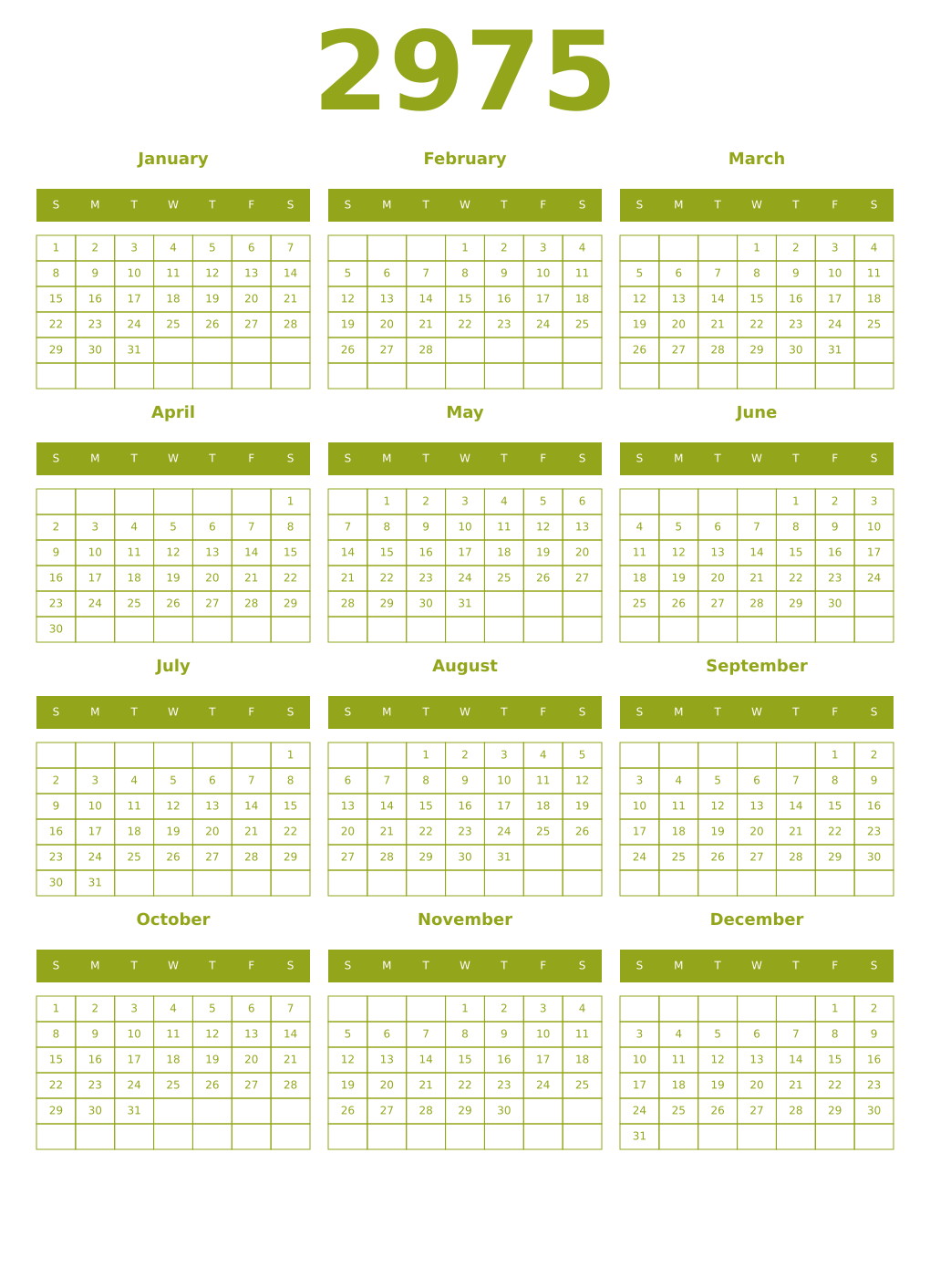 Printable 2975 Year Calendars chartreuse