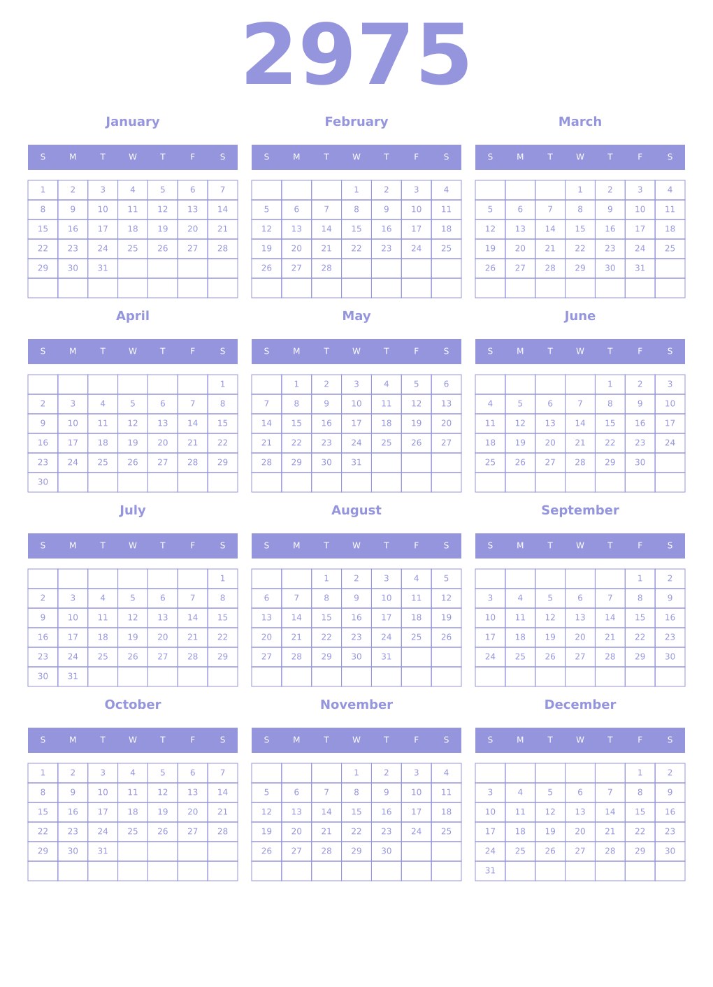 Printable 2975 Year Calendars periwinkle
