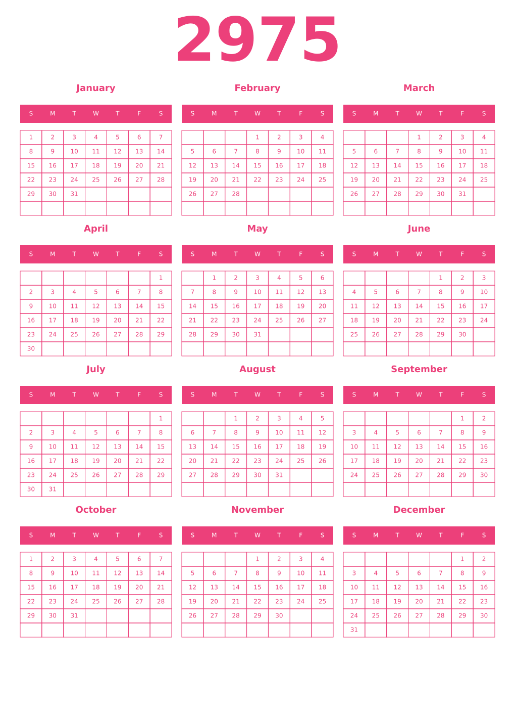 Printable 2975 Year Calendars pink