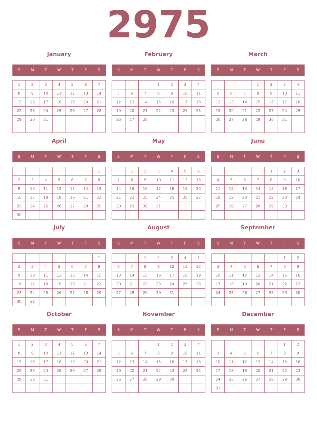 Printable 2975 Year Calendars puce