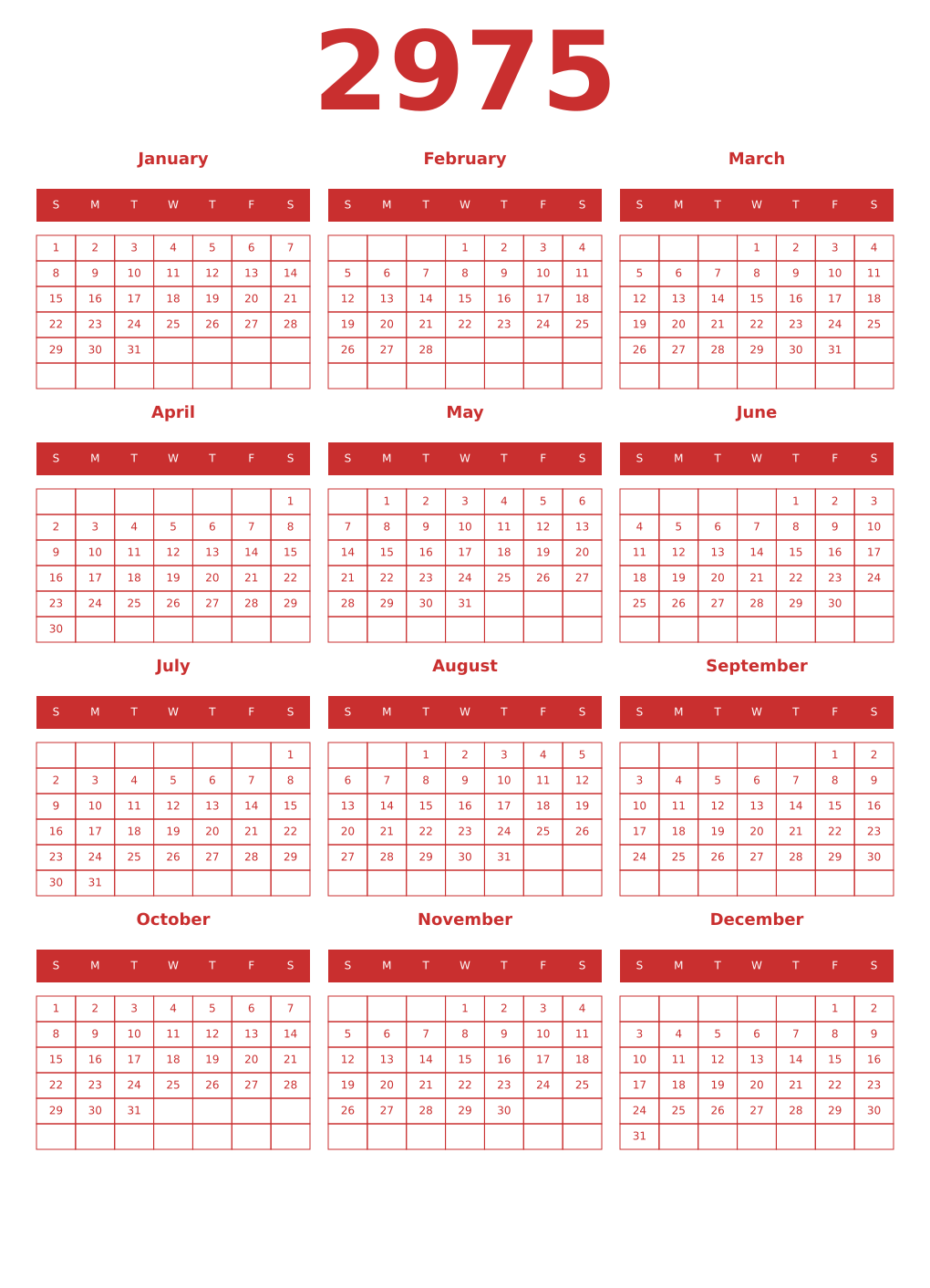 Printable 2975 Year Calendars red