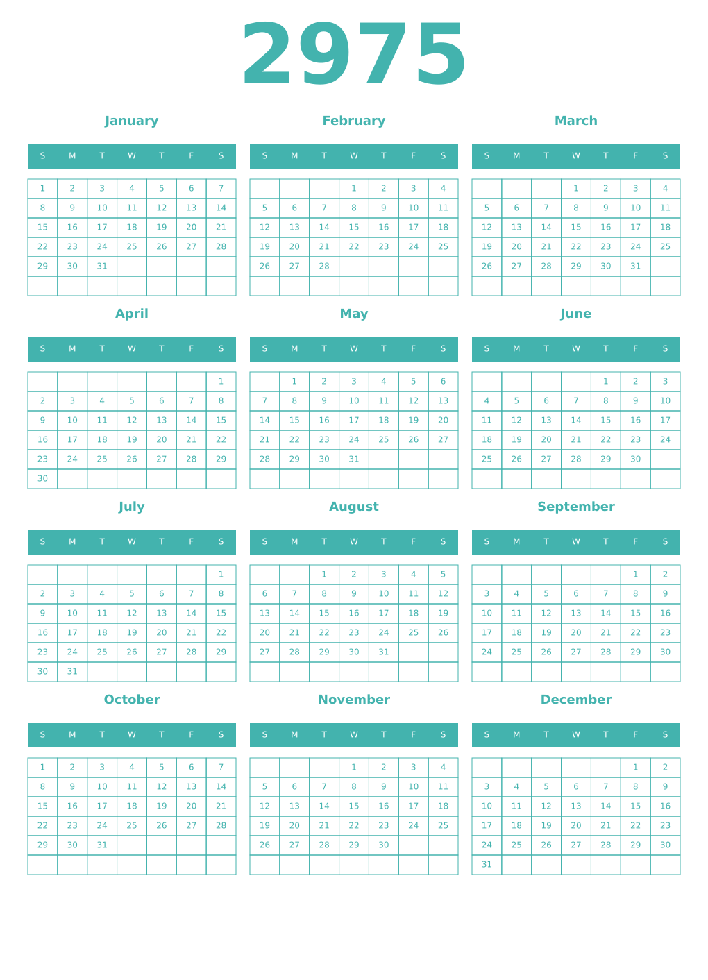 Printable 2975 Year Calendars verdigris