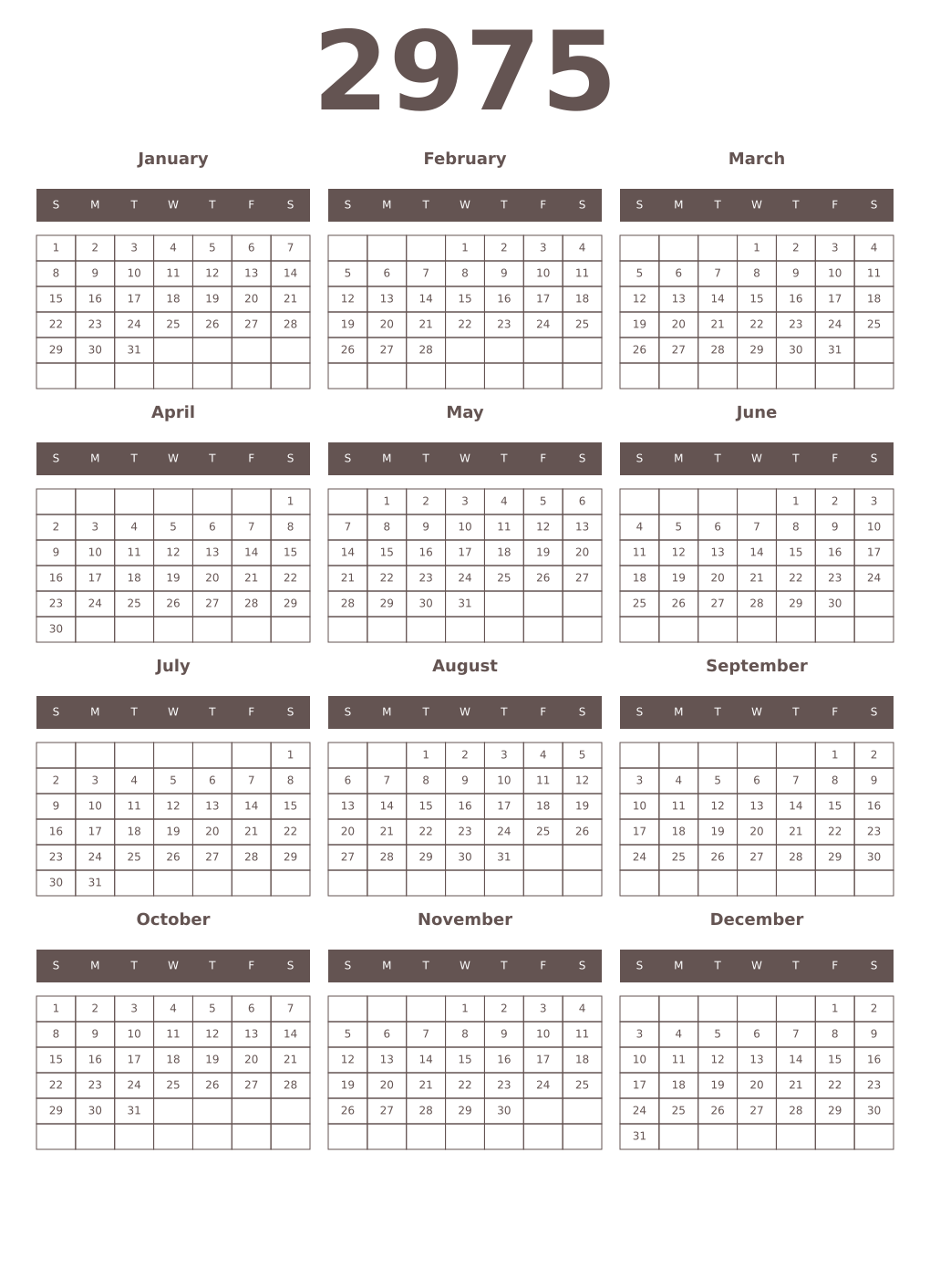 Printable 2975 Year Calendars wenge