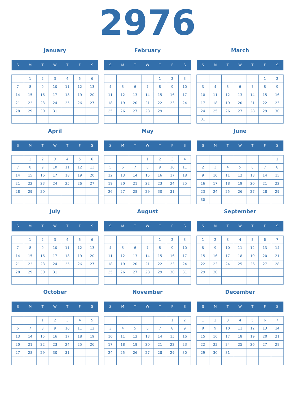 Printable 2976 Year Calendars blue