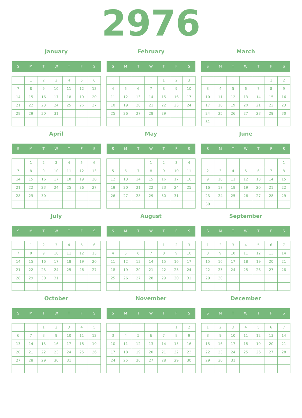 Printable 2976 Year Calendars celadon