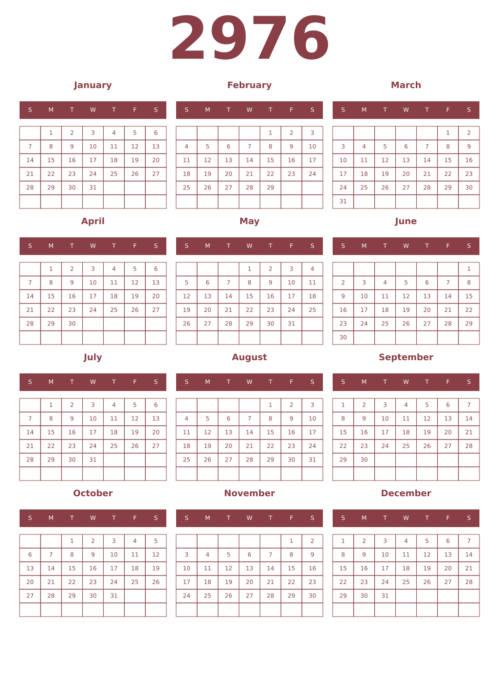 Printable 2976 Year Calendars cordovan