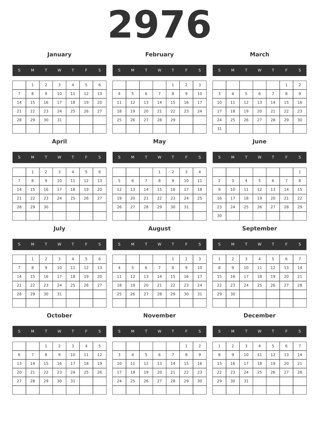 Printable 2976 Year Calendars dark
