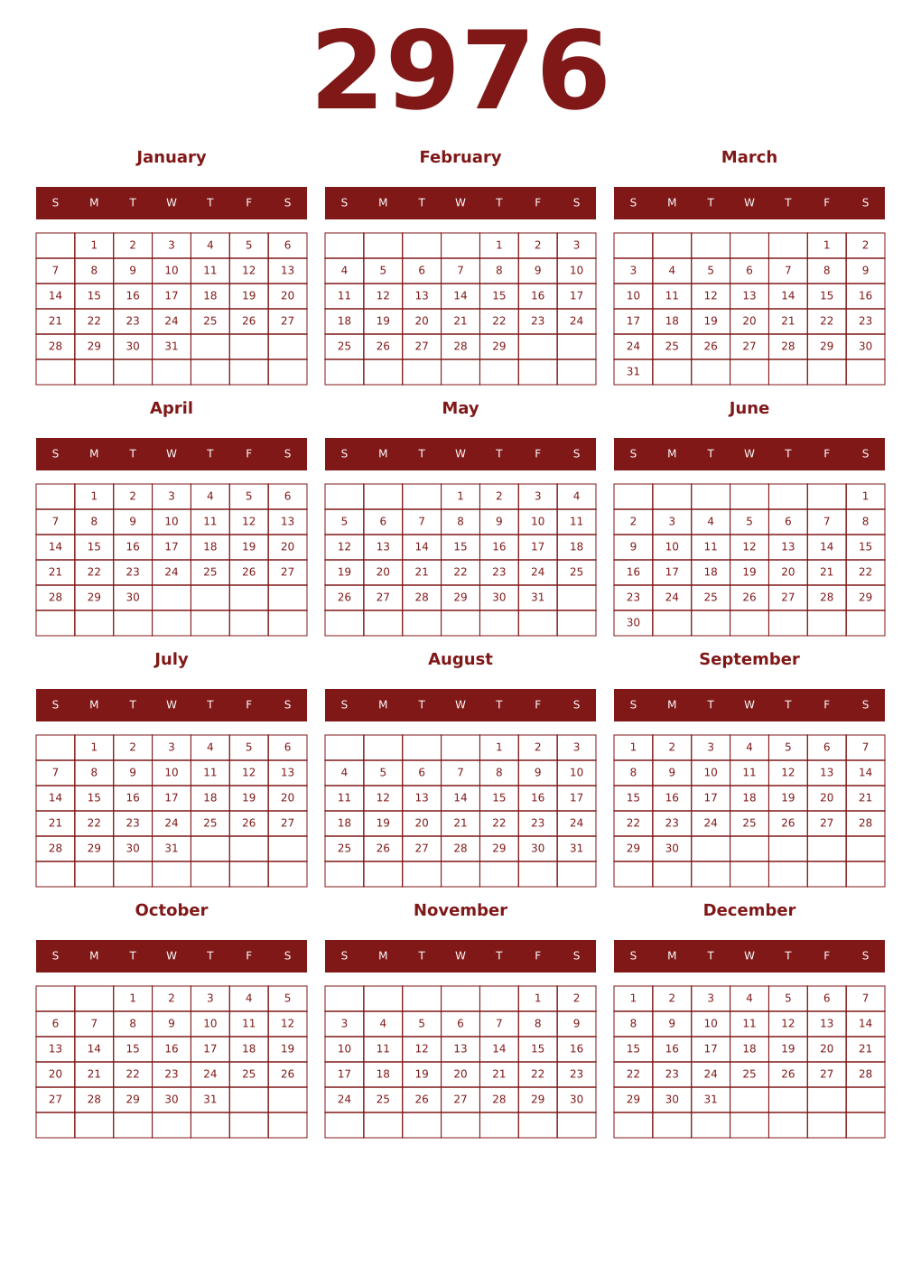 Printable 2976 Year Calendars falu