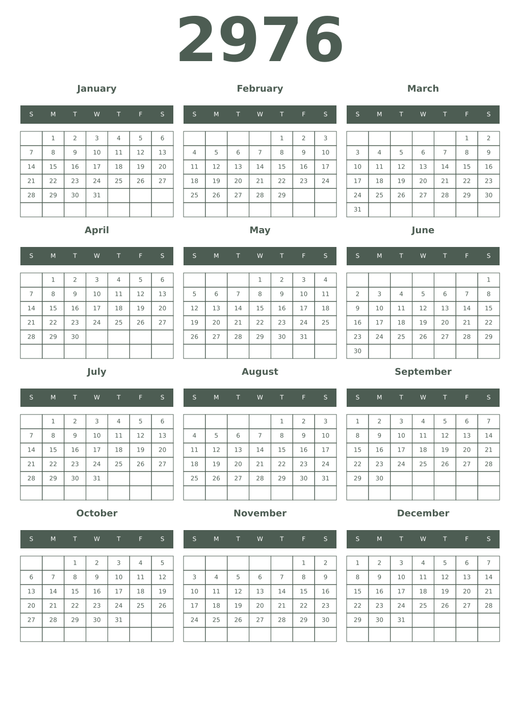 Printable 2976 Year Calendars feldgrau