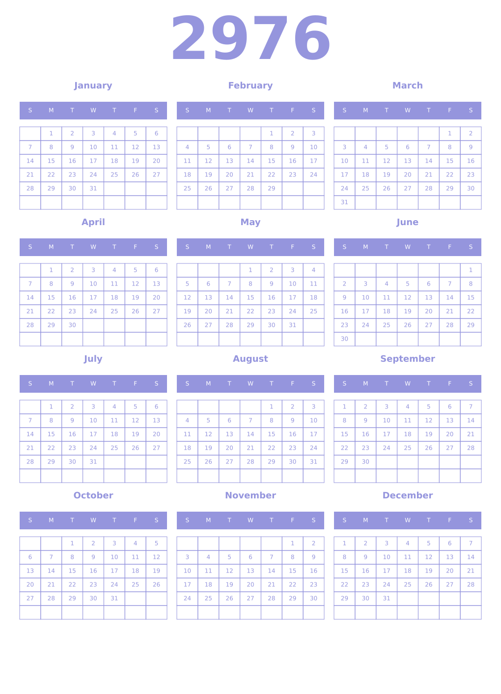 Printable 2976 Year Calendars periwinkle