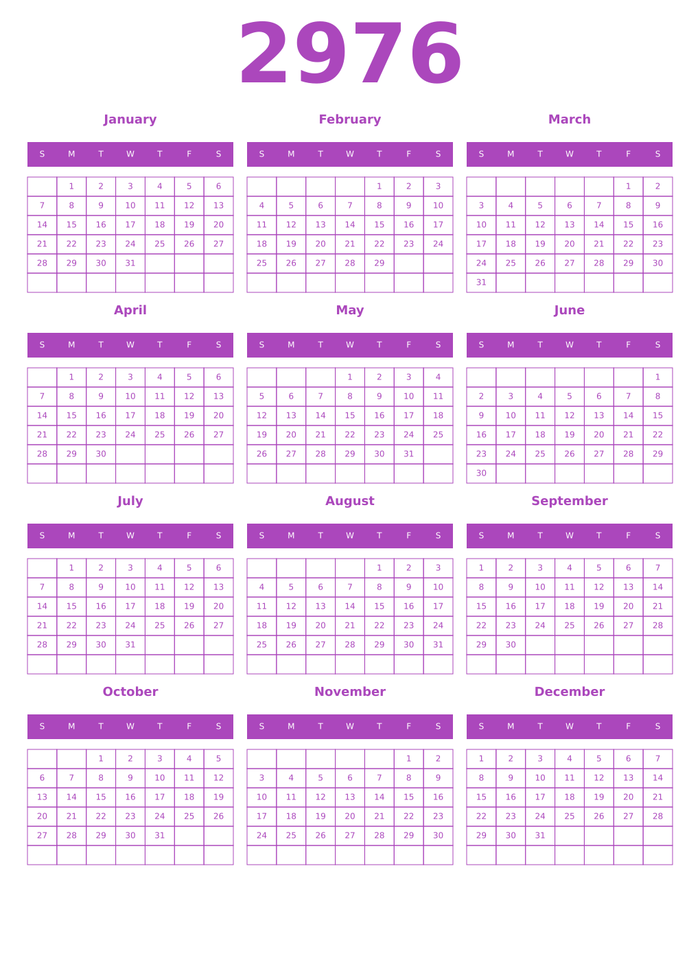 Printable 2976 Year Calendars purple