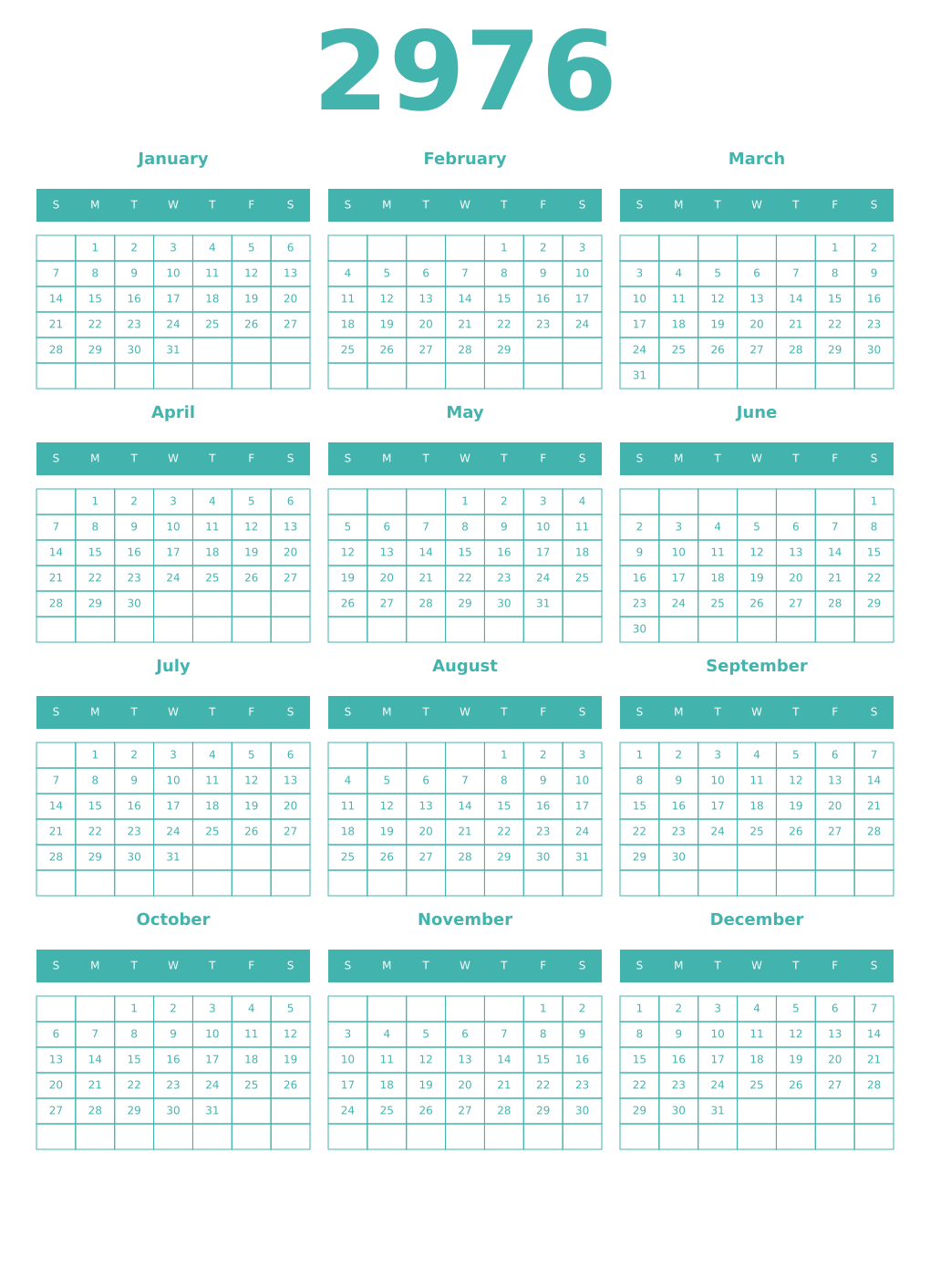 Printable 2976 Year Calendars verdigris