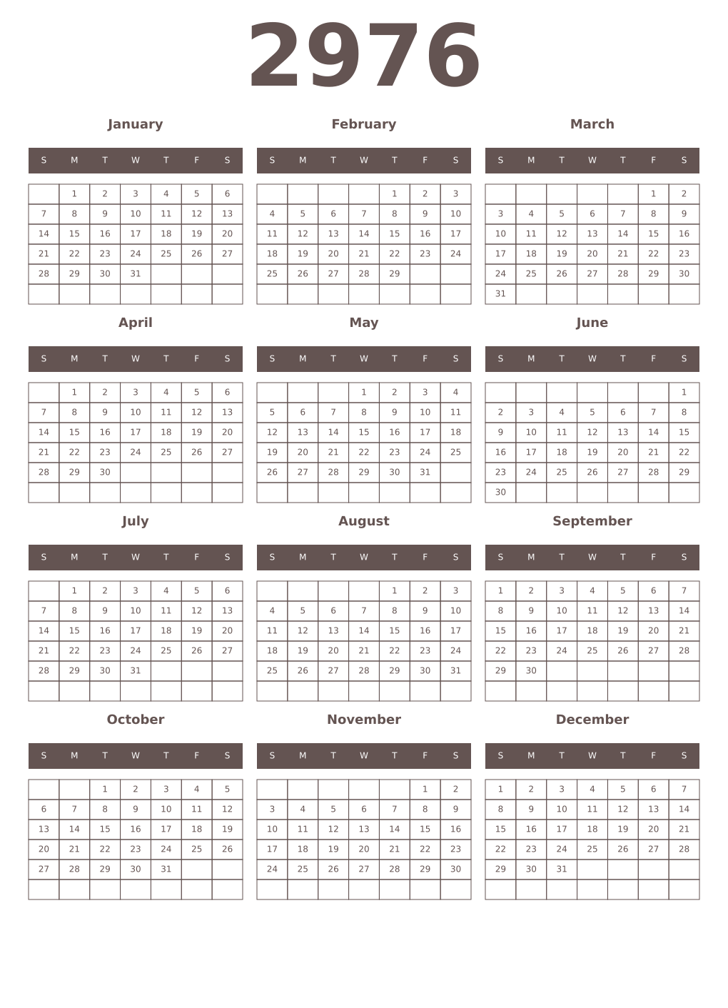 Printable 2976 Year Calendars wenge