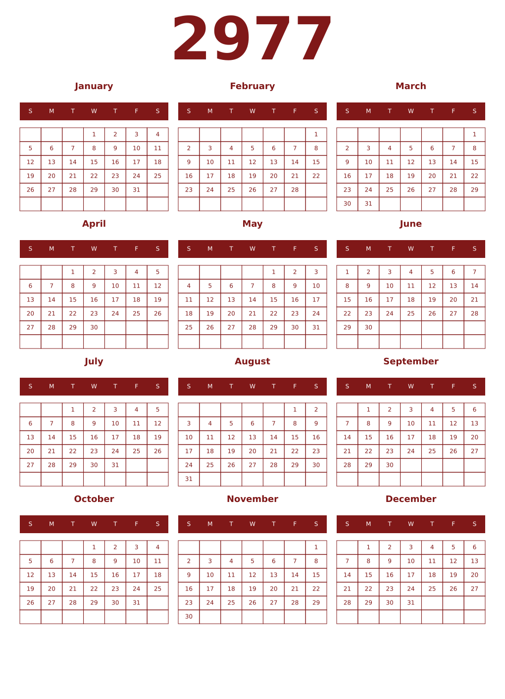 Printable 2977 Year Calendars falu