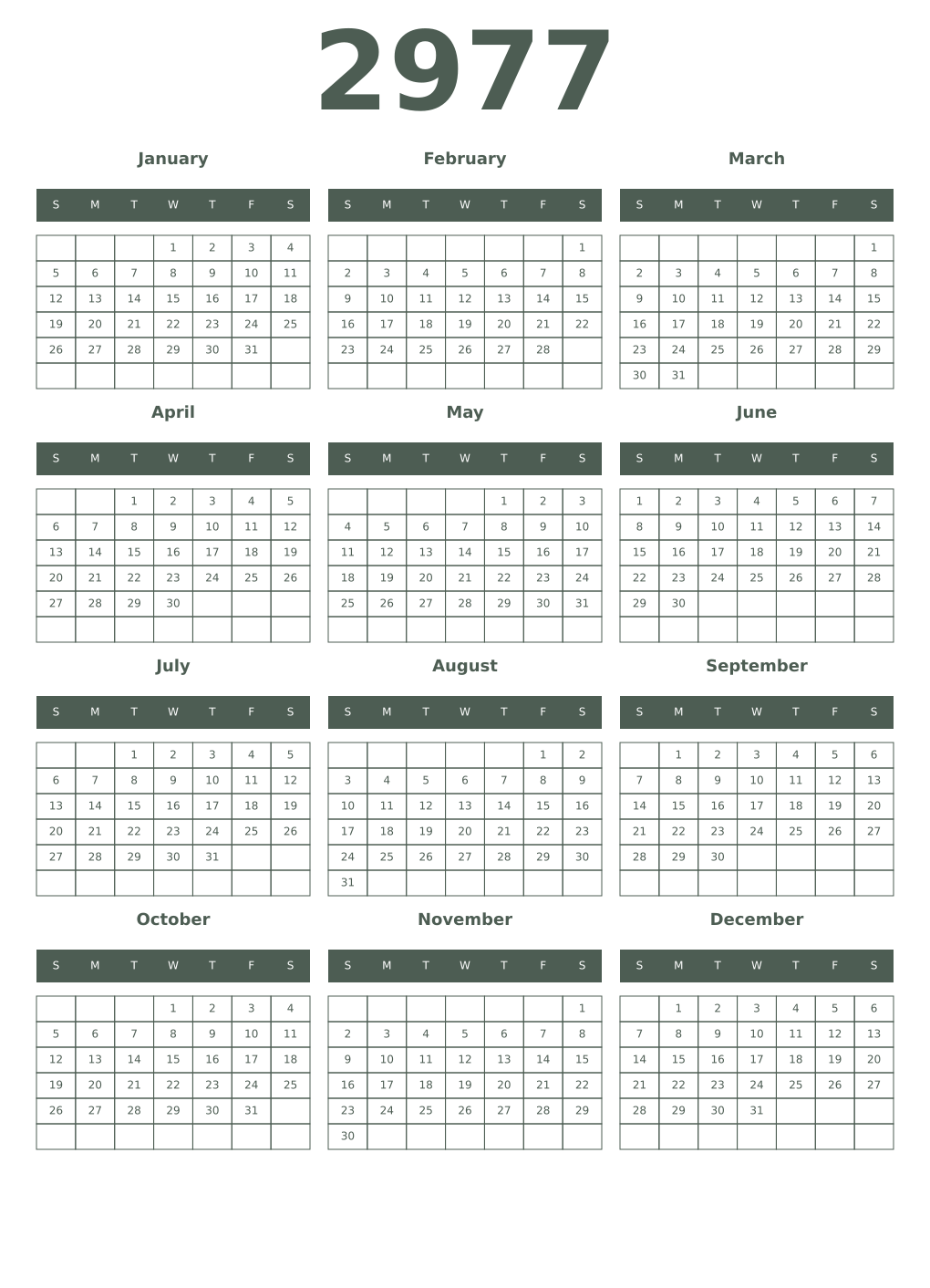 Printable 2977 Year Calendars feldgrau