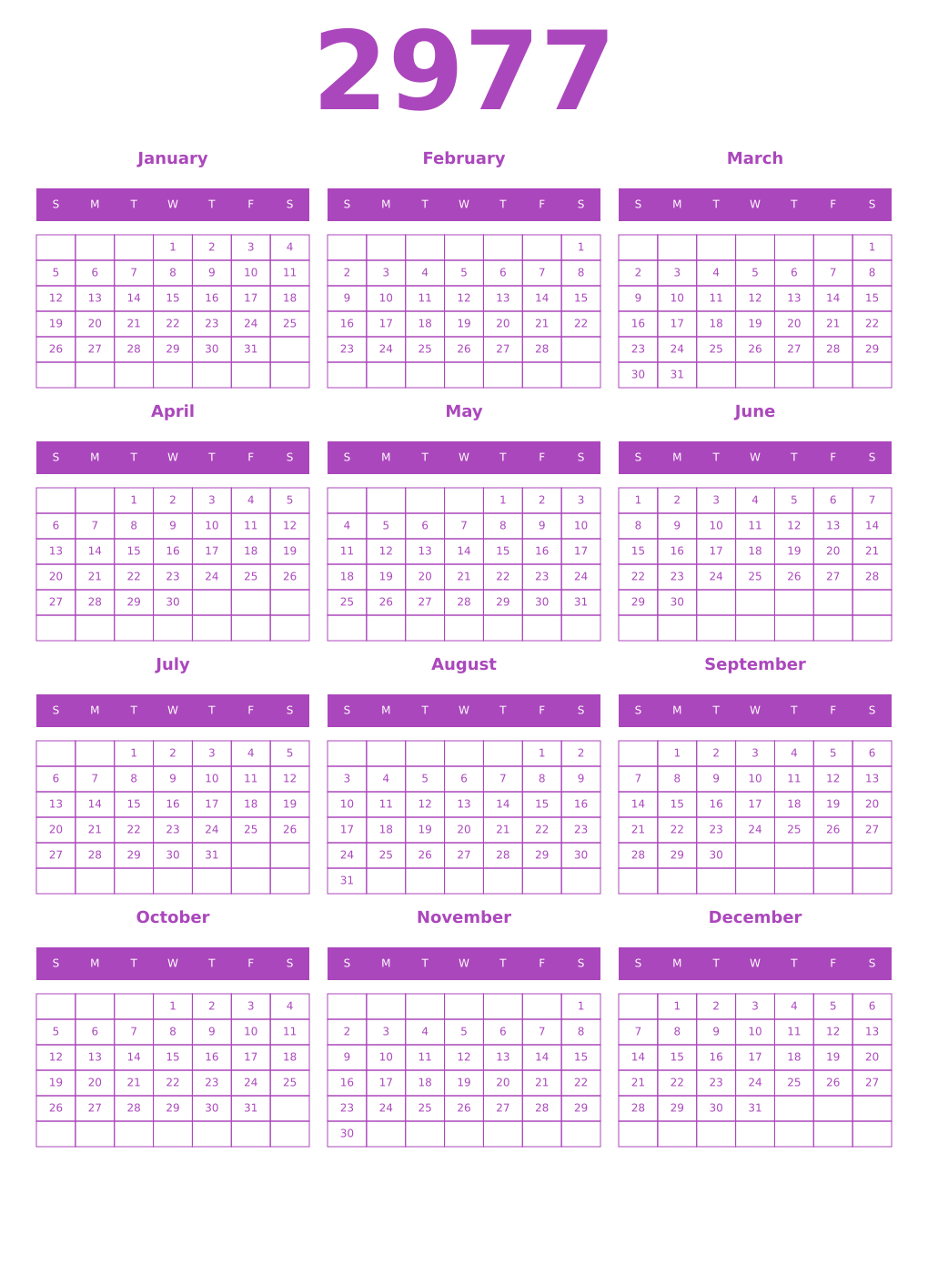 Printable 2977 Year Calendars purple